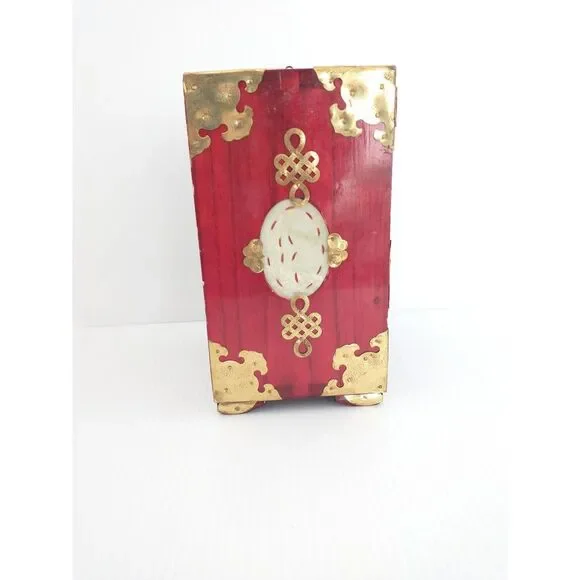 Vintage Chinese Rosewood Jewelry Box Ornate Brass Jade Inlay